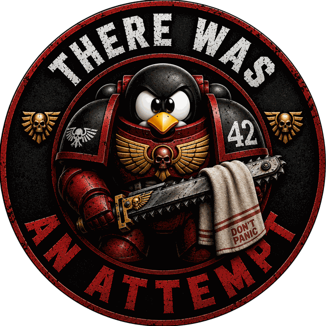 Circular unit badge: Tux in Space Marine power armour, chainsword in one hand, a 'DON'T PANIC' towel draped over it, ringed by the words 'There Was An Attempt'.