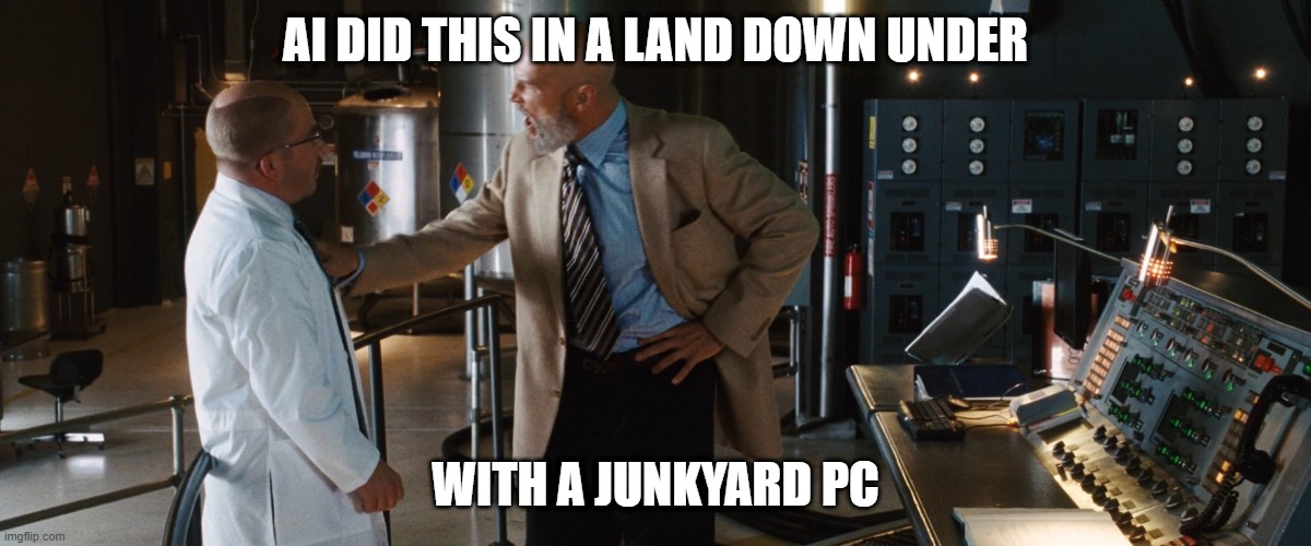 The Iron Man meme, Obadiah Stane reviewing Tony Stark's work: the panel text re-captioned to read 'AI did this with a box of scraps' and 'in a cave'.