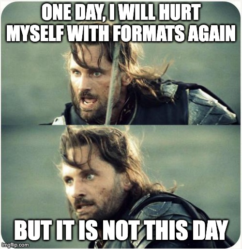 Hector of Troy, mid-declaration: 'One day, I will hurt myself with formats again.' Second panel, over the shoulder, calmer: 'But it is not this day.'